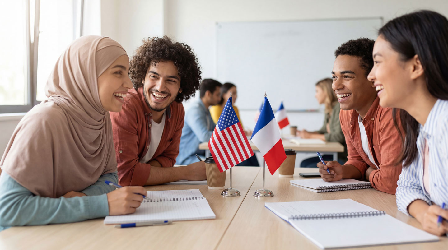 Groupe d'étudiants de différentes nationalités discutant dans un espace extérieur de campus universitaire avec arbres et bâtiments modernes en arrière-plan