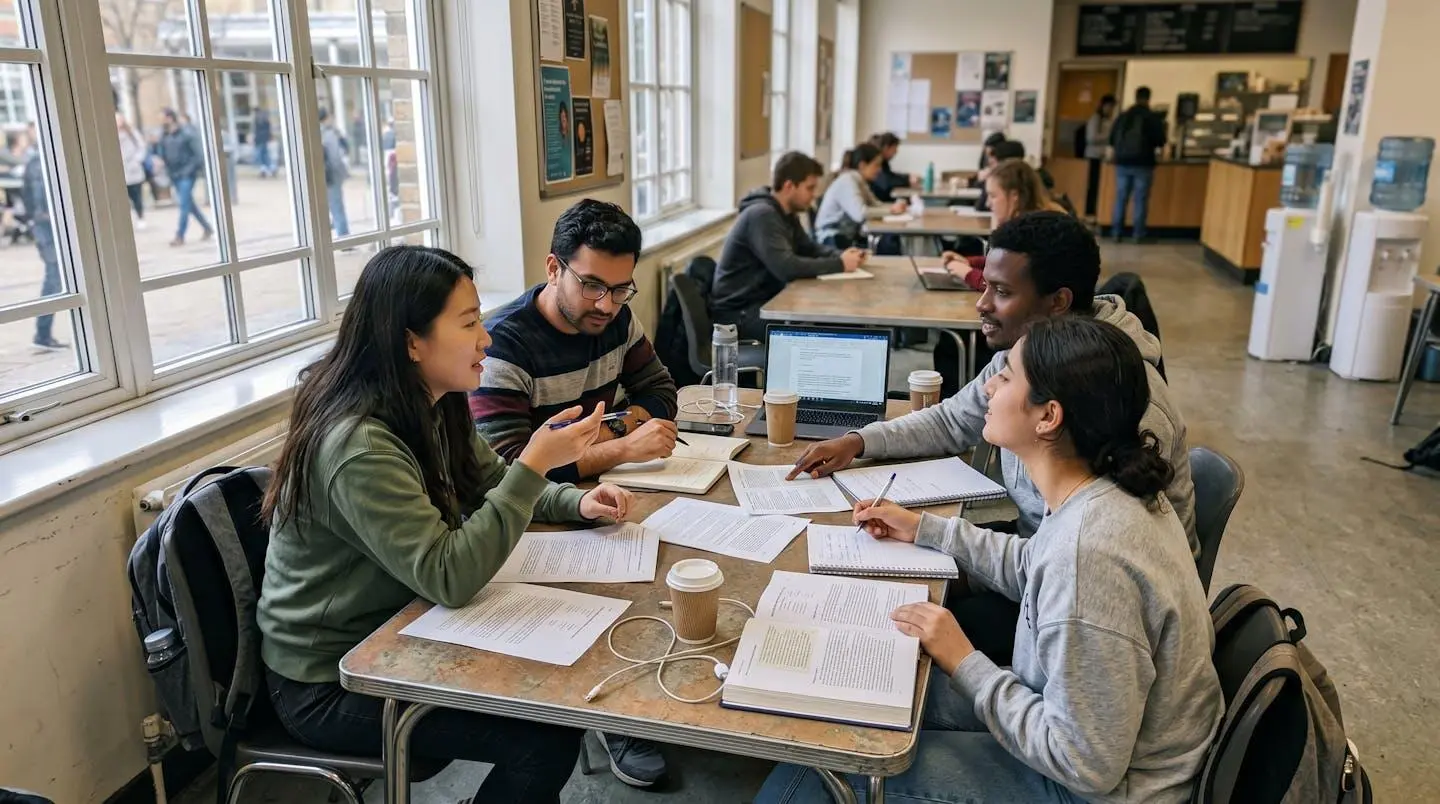 Plusieurs étudiants de nationalités différentes assis autour d'une table dans un hall de campus lumineux consultant des documents et échangeant